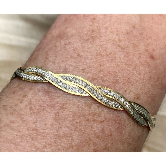 Two-Toned 925 Sterling Silver & Gold Overlay Bracelet Flat Herringbone Twist - Picture 12 of 13